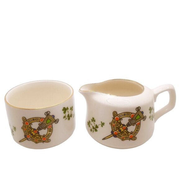 Carrigaline Pottery Co Ireland Cream Sugar Set Sword Shamrock Design 2.5" Height - Picture 1 of 9